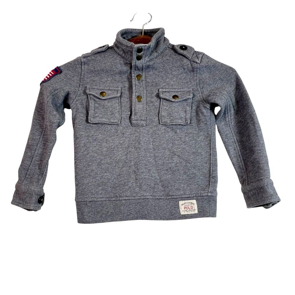 Polo Ralph Lauren Boys Size 5 Gray USA Flag Military Snap Pullover Sweater